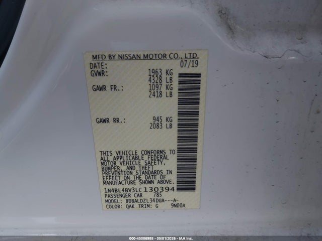 Продаж на аукціоні авто 2020 Nissan Altima S Fwd, vin: 1N4BL4BV3LC130394, номер лоту: 45006988