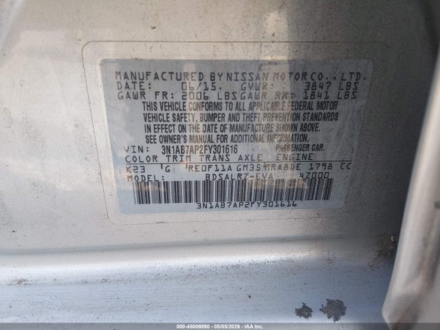 45006990 :رقم المزاد ، 3N1AB7AP2FY301616 vin ، 2015 Nissan Sentra Sr مزاد بيع