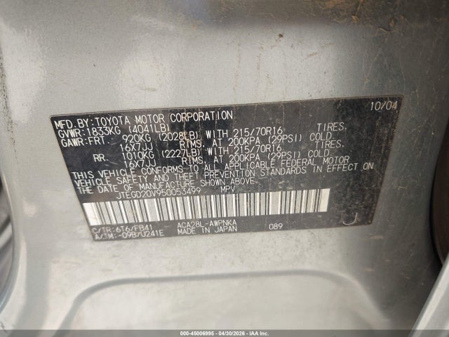 45006995 :رقم المزاد ، JTEGD20V950053499 vin ، 2005 Toyota Rav4 مزاد بيع