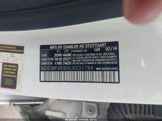 45007001 :رقم المزاد ، WDDWF8DB5LR531784 vin ، 2020 Mercedes-benz C 300 مزاد بيع