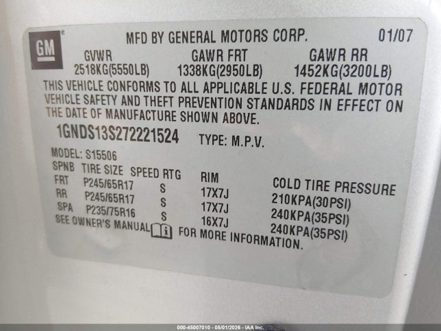 2007 Chevrolet Trailblazer Ls მანქანა იყიდება აუქციონზე, vin: 1GNDS13S272221524, აუქციონის ნომერი: 45007010