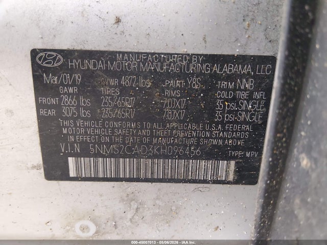 Aukcja sprzedaży 2019 Hyundai Santa Fe Se, vin: 5NMS2CAD3KH096456, numer aukcji: 45007013