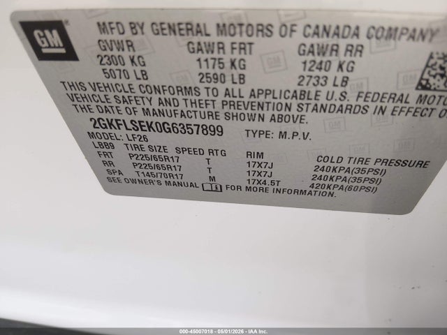 Продажа на аукционе авто 2016 Gmc Terrain Sle-1, vin: 2GKFLSEK0G6357899, номер лота: 45007018