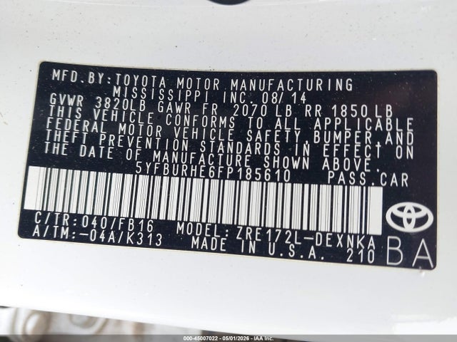 2015 Toyota Corolla L/le/le Plus/le Premium/s/s Plus/s Premium მანქანა იყიდება აუქციონზე, vin: 5YFBURHE6FP185610, აუქციონის ნომერი: 45007022