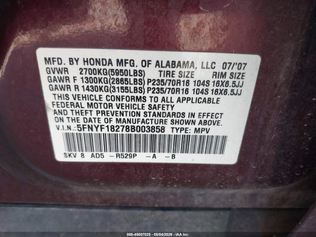 45007025 :رقم المزاد ، 5FNYF18278B003858 vin ، 2008 Honda Pilot Vp مزاد بيع