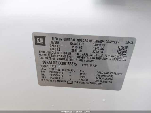 Продаж на аукціоні авто 2017 Gmc Terrain Sle-1, vin: 2GKALMEKXH6153375, номер лоту: 45007033