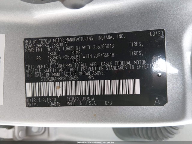 5TDKDRAH8PS030456 Toyota Highlander L