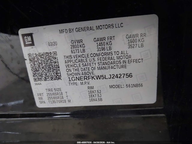 Aukcja sprzedaży 2020 Chevrolet Traverse Fwd Ls, vin: 1GNERFKW5LJ242756, numer aukcji: 45007035