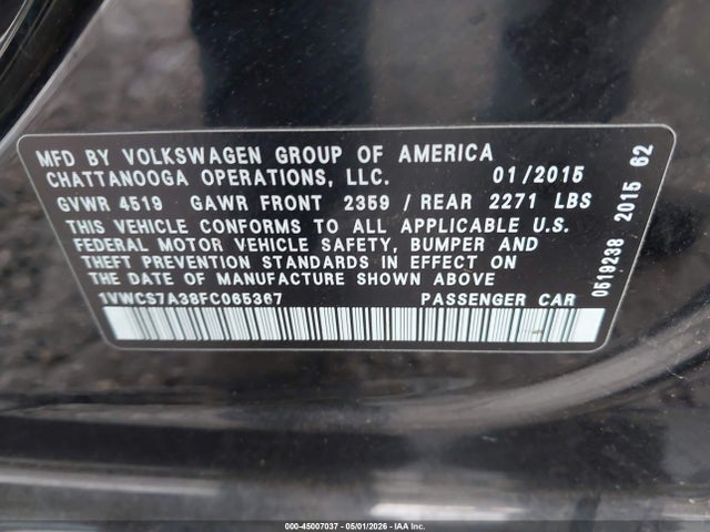 45007037 :رقم المزاد ، 1VWCS7A38FC065367 vin ، 2015 Volkswagen Passat 1.8t Sel Premium مزاد بيع