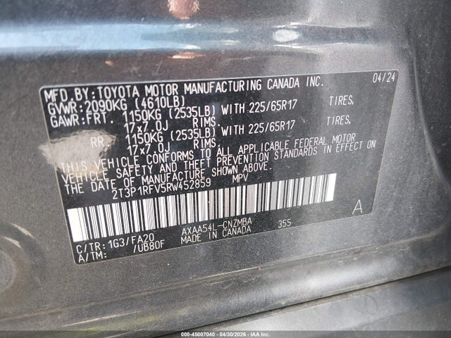 2024 Toyota Rav4 Xle მანქანა იყიდება აუქციონზე, vin: 2T3P1RFV5RW452859, აუქციონის ნომერი: 45007040