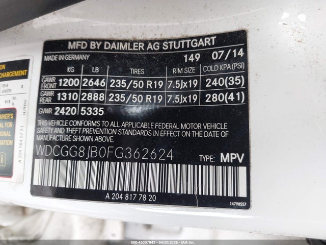 45007042 :رقم المزاد ، WDCGG8JB0FG362624 vin ، 2015 Mercedes-benz Glk 350 4matic مزاد بيع