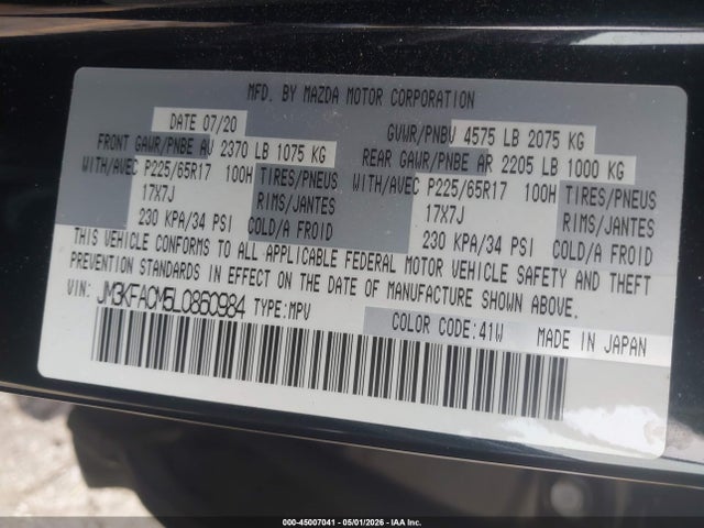 Продаж на аукціоні авто 2020 Mazda Cx-5 Touring, vin: JM3KFACM5L0860984, номер лоту: 45007041