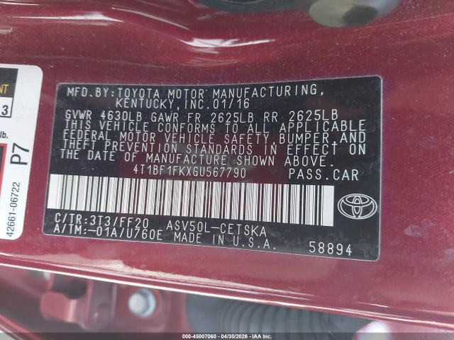 Toyota CAMRY SE 2016 4T1BF1FKXGU567790 Image 9