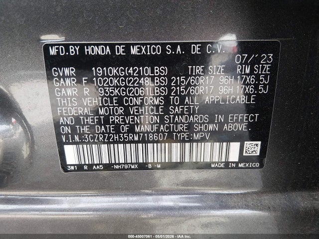 3CZRZ2H35RM718607 Honda Hr-v Awd Lx