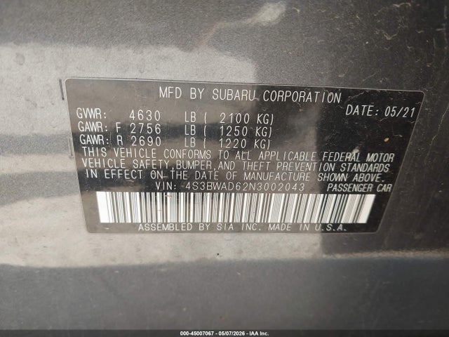Aukcja sprzedaży 2022 Subaru Legacy Premium, vin: 4S3BWAD62N3002043, numer aukcji: 45007067