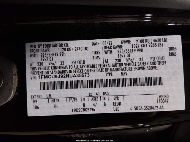 2022 Ford Escape Titanium მანქანა იყიდება აუქციონზე, vin: 1FMCU9J92NUA35573, აუქციონის ნომერი: 45007073