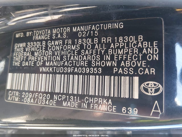 VNKKTUD39FA039353 Toyota Yaris L/le/se