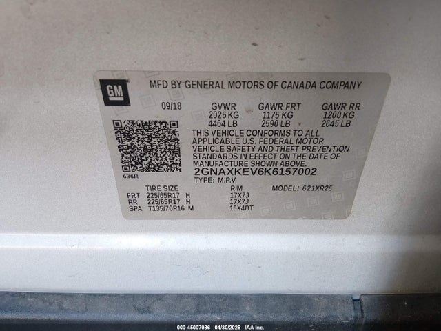 45007086 :رقم المزاد ، 2GNAXKEV6K6157002 vin ، 2019 Chevrolet Equinox Lt مزاد بيع