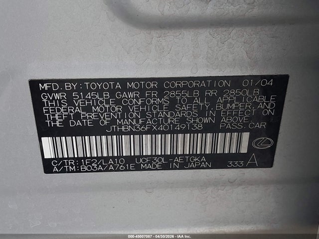 Aukcja sprzedaży 2004 Lexus Ls 430, vin: JTHBN36FX40149138, numer aukcji: 45007087
