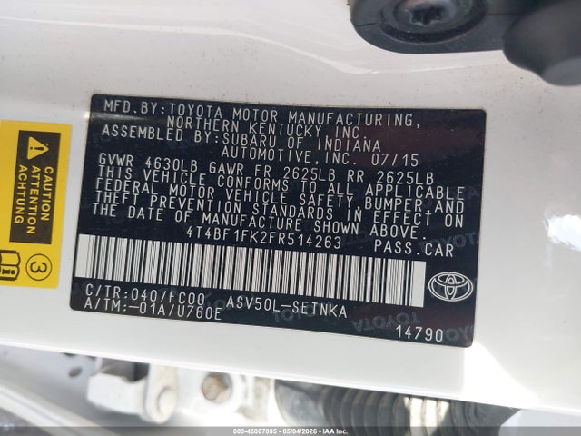 2015 Toyota Camry მანქანა იყიდება აუქციონზე, vin: 4T4BF1FK2FR514263, აუქციონის ნომერი: 45007095