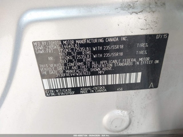 45007104 :رقم المزاد ، 2T3DFREV4FW361633 vin ، 2015 Toyota Rav4 Limited مزاد بيع
