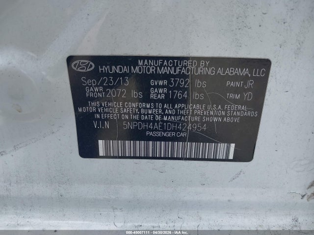 Aukcja sprzedaży 2013 Hyundai Elantra Gls, vin: 5NPDH4AE1DH424954, numer aukcji: 45007111