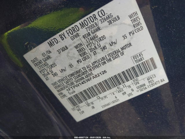 45007124 :رقم المزاد ، 1FTPW14536FA82126 vin ، 2006 Ford F-150 Fx4/lariat/xlt مزاد بيع