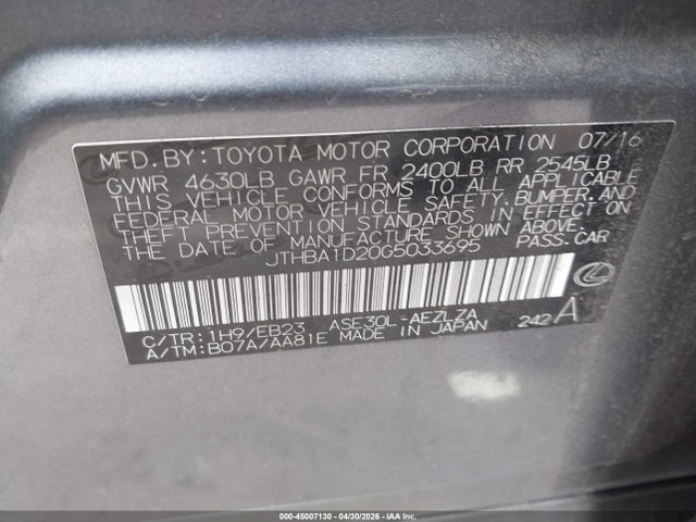 Продажа на аукционе авто 2016 Lexus Is 200t, vin: JTHBA1D20G5033695, номер лота: 45007130