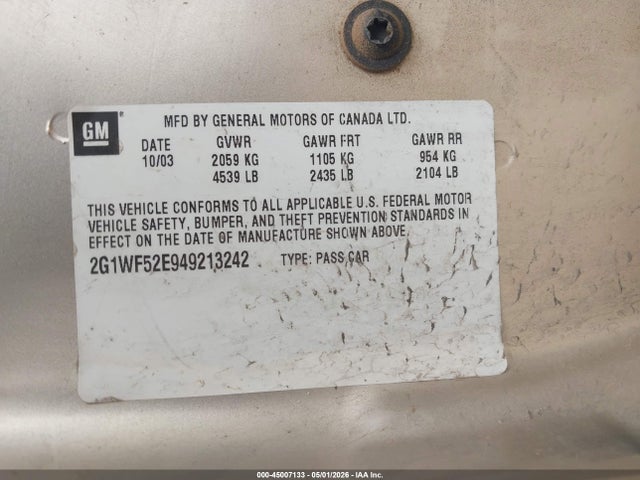 45007133 :رقم المزاد ، 2G1WF52E949213242 vin ، 2004 Chevrolet Impala مزاد بيع