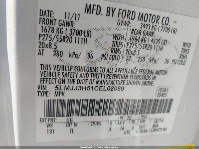 45007137 :رقم المزاد ، 5LMJJ3H51CEL02089 vin ، 2012 Lincoln Navigator L مزاد بيع