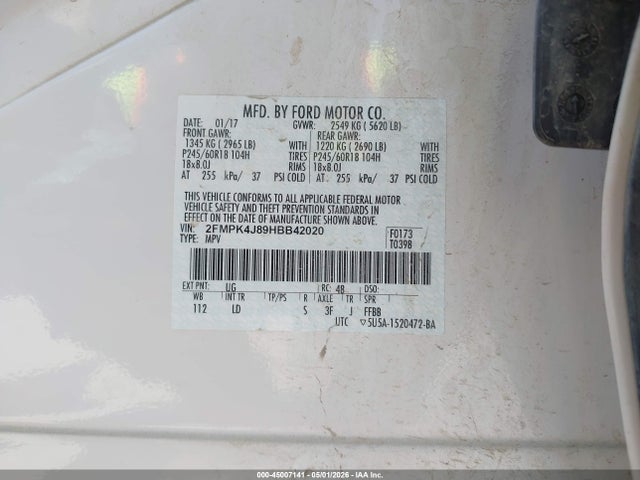 45007141 :رقم المزاد ، 2FMPK4J89HBB42020 vin ، 2017 Ford Edge Sel مزاد بيع