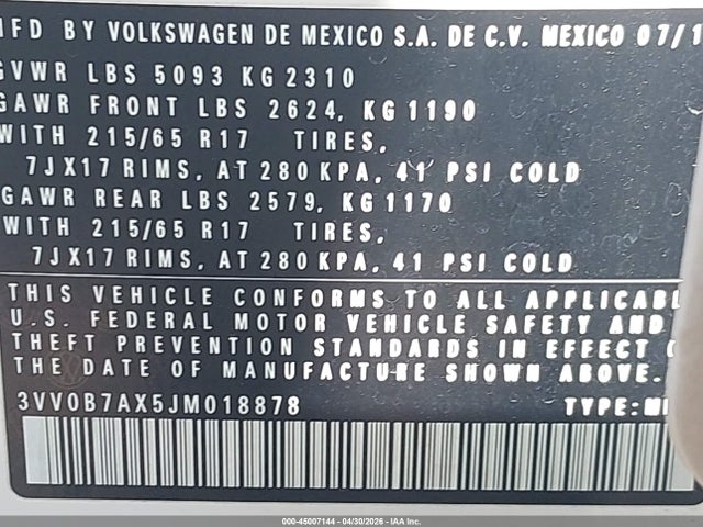 Aukcja sprzedaży 2018 Volkswagen Tiguan 2.0t S, vin: 3VV0B7AX5JM018878, numer aukcji: 45007144