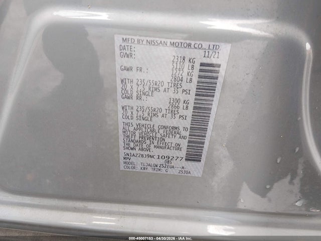 Продажа на аукционе авто 2022 Nissan Murano Sv Fwd, vin: 5N1AZ2BJ9NC109277, номер лота: 45007153