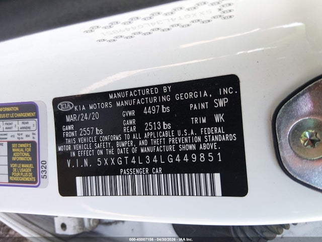 Продаж на аукціоні авто 2020 Kia Optima Se, vin: 5XXGT4L34LG449851, номер лоту: 45007156