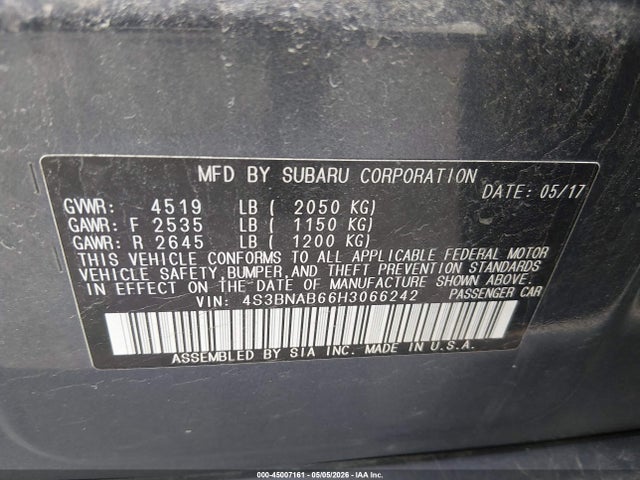 45007161 :رقم المزاد ، 4S3BNAB66H3066242 vin ، 2017 Subaru Legacy 2.5i مزاد بيع