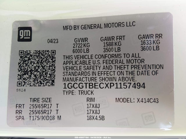 Продаж на аукціоні авто 2023 Chevrolet Colorado 4wd  Short Box Wt, vin: 1GCGTBECXP1157494, номер лоту: 45007164