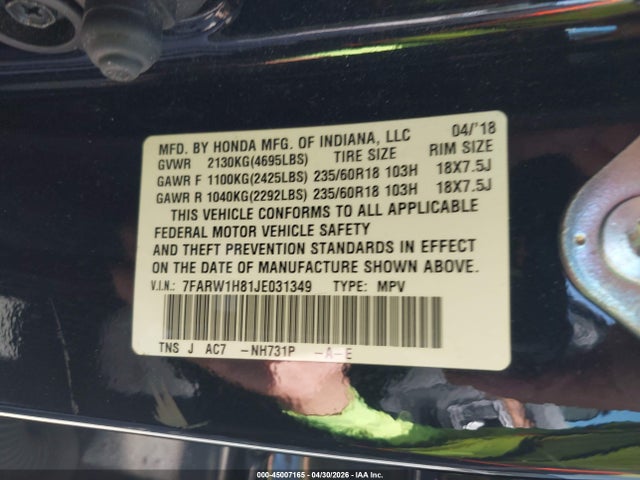 45007165 :رقم المزاد ، 7FARW1H81JE031349 vin ، 2018 Honda Cr-v Ex-l/ex-l Navi مزاد بيع