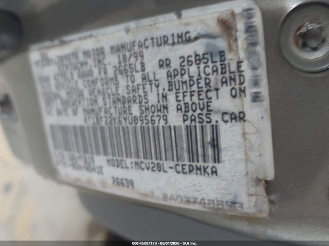 Aukcja sprzedaży 2000 Toyota Camry Le V6/xle V6, vin: 4T1BF22K6YU095679, numer aukcji: 45007179