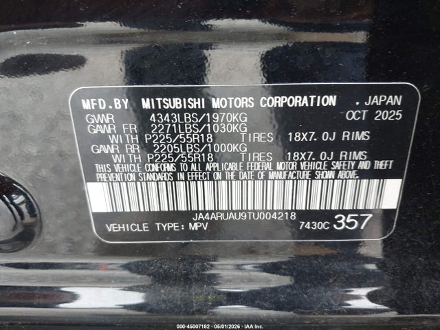Продаж на аукціоні авто 2026 Mitsubishi Outlander Sport 2.0 Es/2.0 Le/2.0 Ralliart/2.0 S/2.0 Se/2.0 Trail Edition, vin: JA4ARUAU9TU004218, номер лоту: 45007182