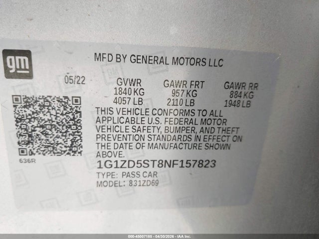 2022 Chevrolet Malibu Fwd Lt მანქანა იყიდება აუქციონზე, vin: 1G1ZD5ST8NF157823, აუქციონის ნომერი: 45007185