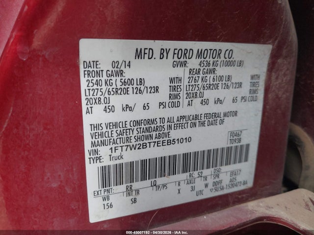 45007192 :رقم المزاد ، 1FT7W2BT7EEB51010 vin ، 2014 Ford F-250 Lariat مزاد بيع