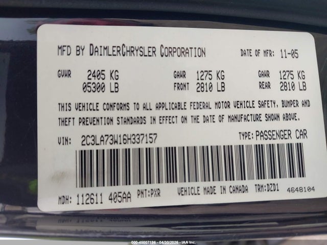 Продаж на аукціоні авто 2006 Chrysler 300c Srt8, vin: 2C3LA73W16H337157, номер лоту: 45007196
