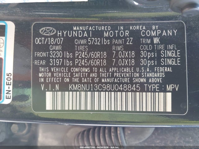 2008 Hyundai Veracruz Gls/limited/se მანქანა იყიდება აუქციონზე, vin: KM8NU13C98U048845, აუქციონის ნომერი: 45007200