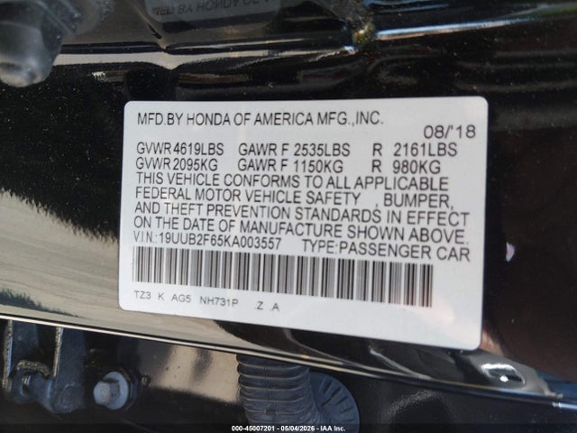 45007201 :رقم المزاد ، 19UUB2F65KA003557 vin ، 2019 Acura Tlx Tech   A-spec Pkgs مزاد بيع