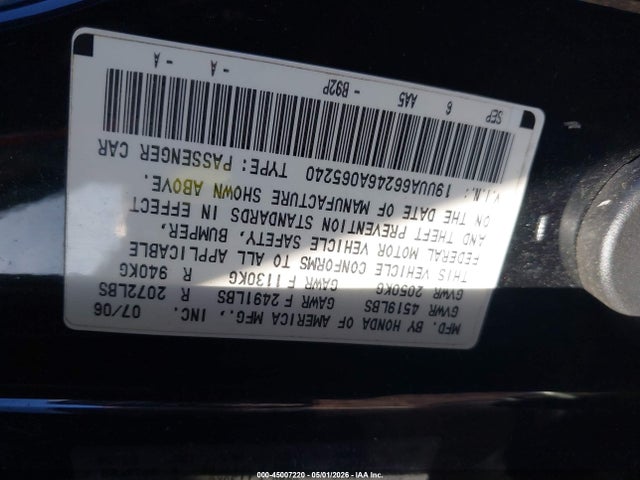 Aukcja sprzedaży 2006 Acura Tl, vin: 19UUA66246A065240, numer aukcji: 45007220