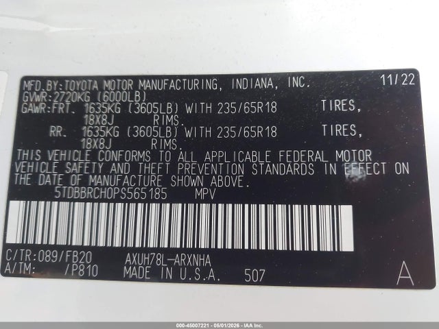 Aukcja sprzedaży 2023 Toyota Highlander Hybrid Le, vin: 5TDBBRCH0PS565185, numer aukcji: 45007221