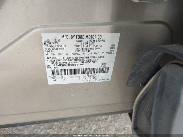 Продаж на аукціоні авто 2018 Ford Edge Sel, vin: 2FMPK3J80JBB51706, номер лоту: 45007227