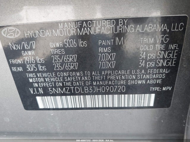 Aukcja sprzedaży 2018 Hyundai Santa Fe Sport 2.4l, vin: 5NMZTDLB3JH090720, numer aukcji: 45007232