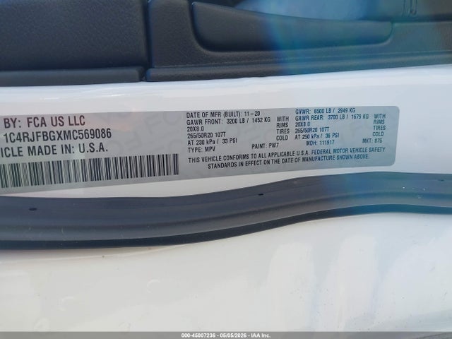 Продаж на аукціоні авто 2021 Jeep Grand Cherokee Limited 4x4, vin: 1C4RJFBGXMC569086, номер лоту: 45007236