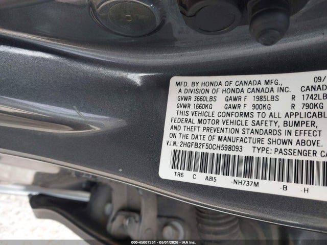 45007251 :رقم المزاد ، 2HGFB2F50CH598093 vin ، 2012 Honda Civic Lx مزاد بيع